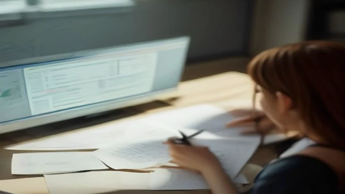 over-the-shoulder view of a small office meeting with two people reviewing printed charts on a desk, overcast diffused light